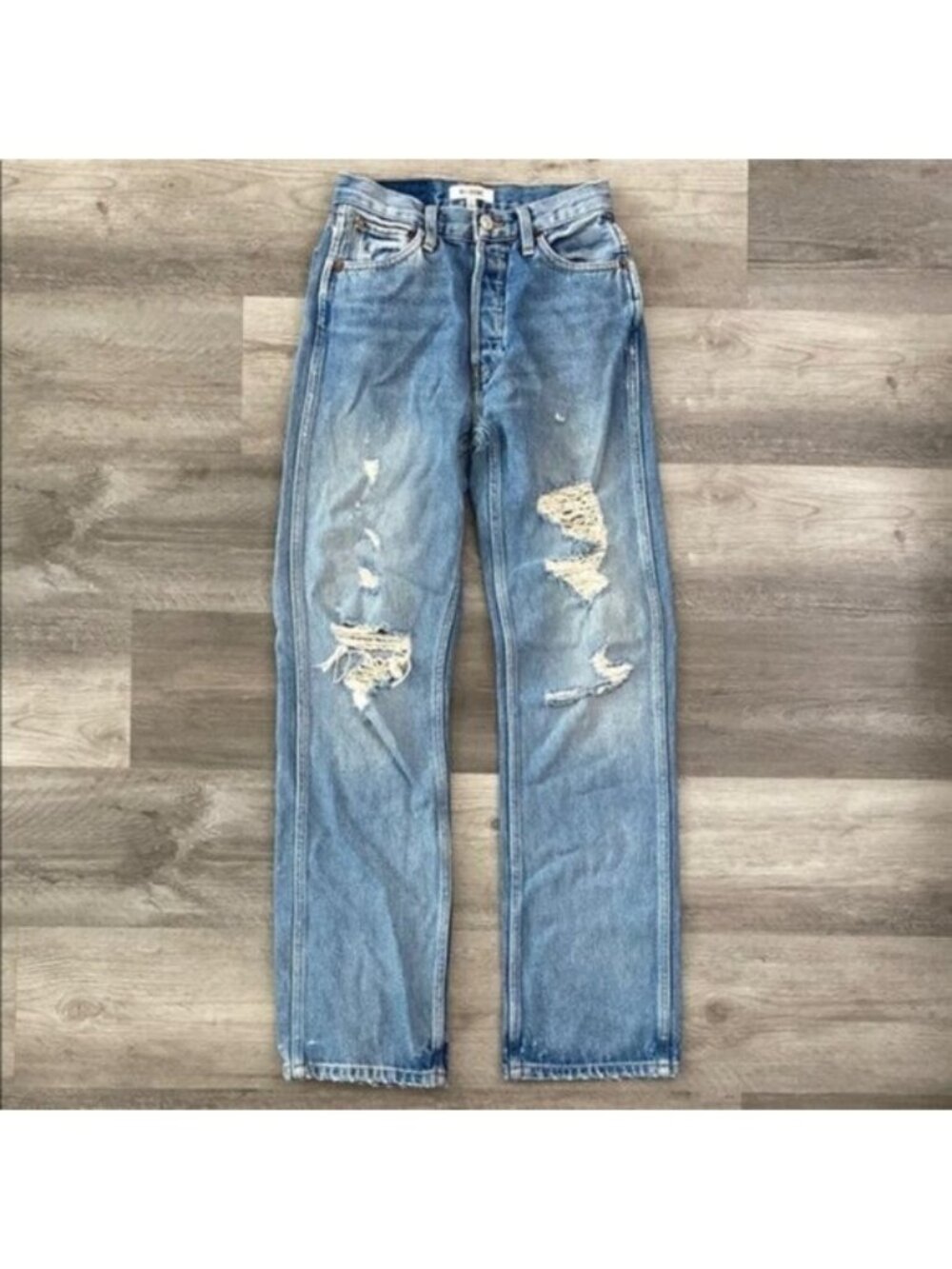 ReDone 100% Cotton 90s High Rise Loose Jeans Blue Distressed Button Fly $315 24